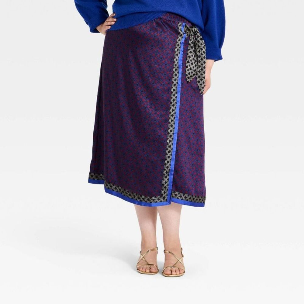 Women's Satin Wrap Midi Skirt - A New Day Blue 3X